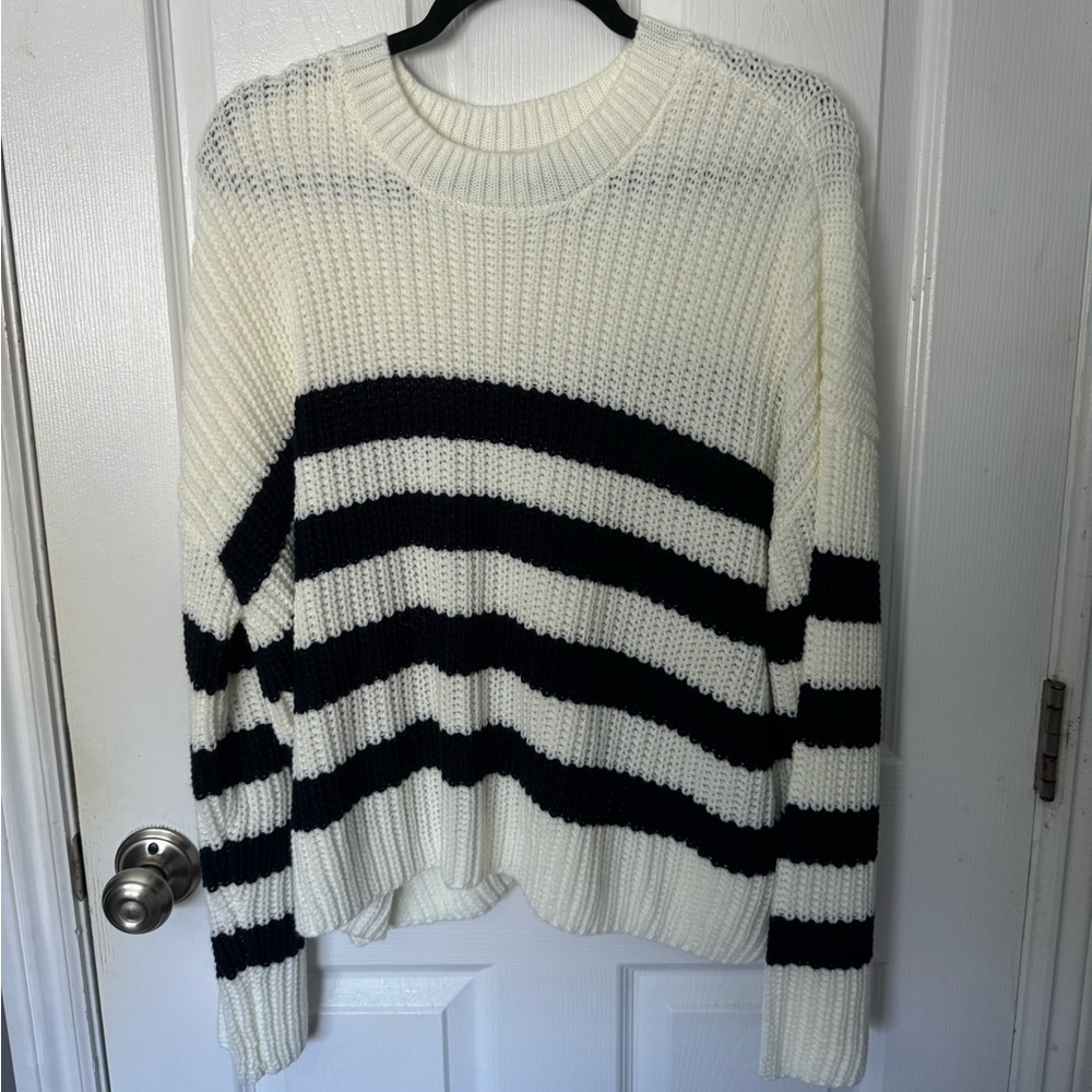 RSQ Black and White Striped Crew Neck Sweater
